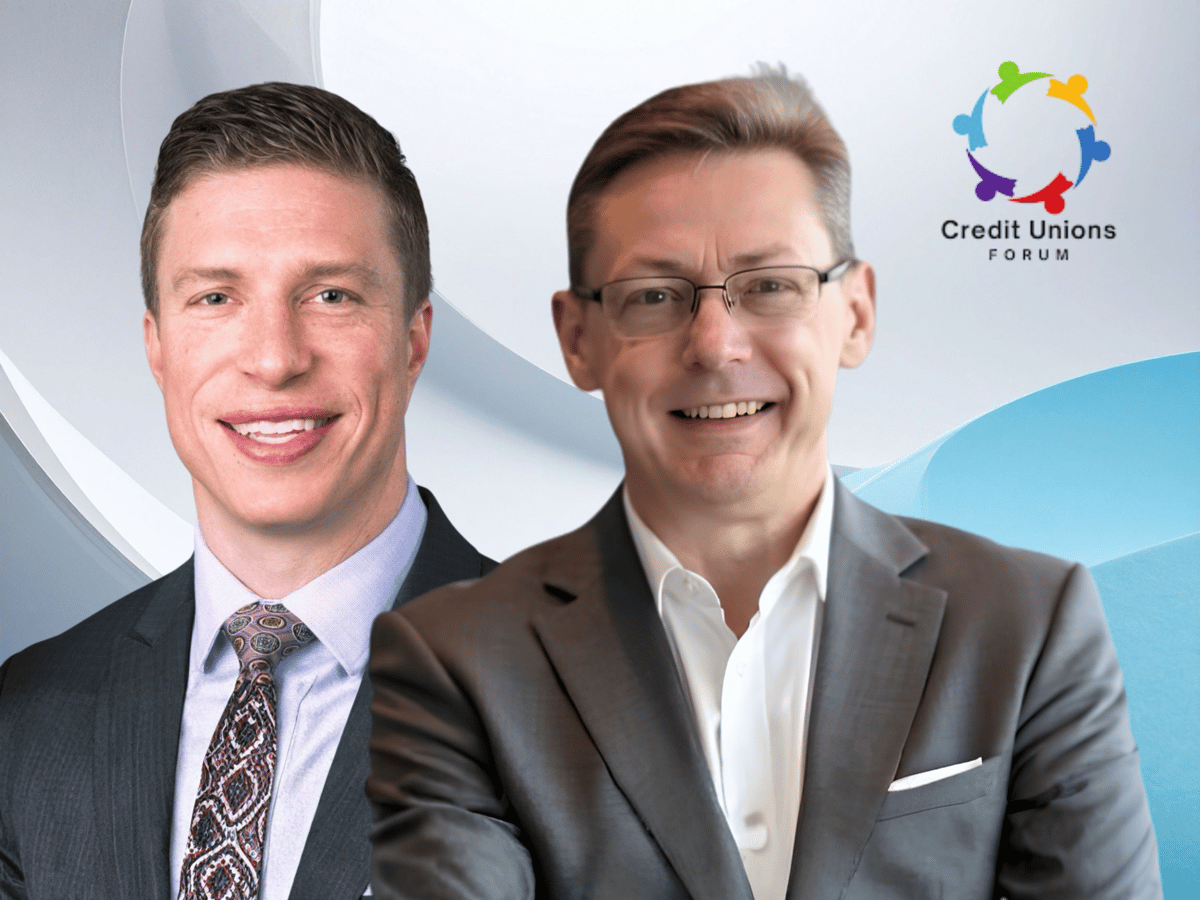 John Skeldon and Greg Cook smiling side by side in front of a blue graphic backdrop with the Credit Unions Forum logo