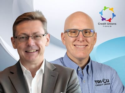 Greg Cook and Doug Wadsworth smiling side by side in front of a blue graphic backdrop with the Credit Unions Forum logo; Doug wears a Tri-CU Credit Union shirt